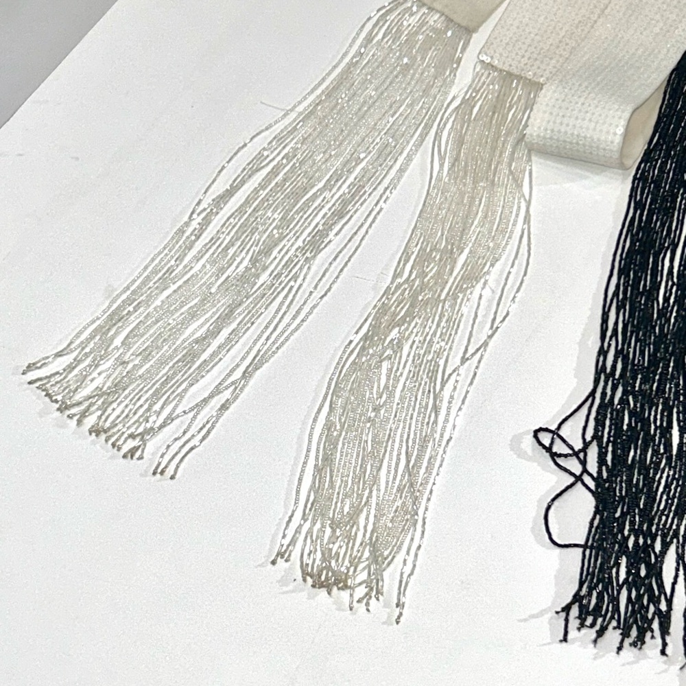 Per Se Black, White Sequined and Beaded Sash Belts Set with Fringe - Picture 12 of 13